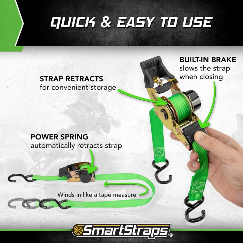 SMARTSTRAPS Retractable Ratchet Tie Down Straps (4 PK) 1,500lb Break Strength, 500lb Safe Work Load, Standard Duty, Secure and Haul ATVs, Lawn Tractors, Cargo, Boxes and Other Small Equipment - Image 2